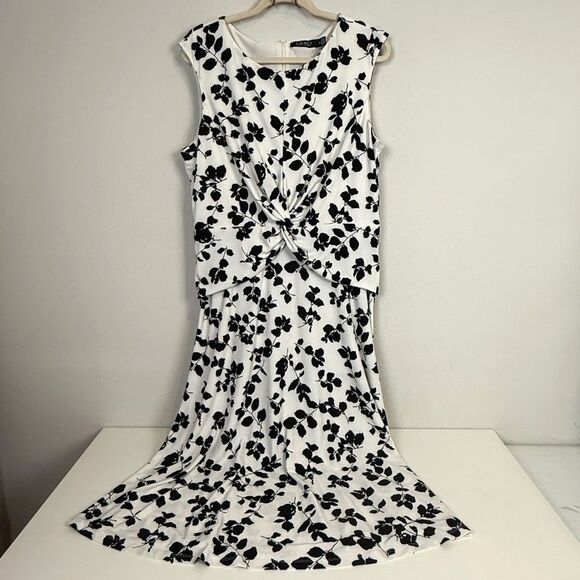Lauren Ralph Lauren Floral Crepe Liquid Knit Black Ivory Dress 16 - Picture 1 of 11